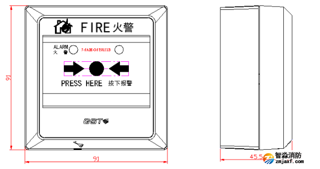 海灣J-SAM-GST9121B手動火災(zāi)報警按鈕示意圖